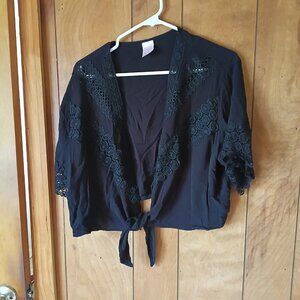 No Boundaries Plus Size 3X Black Lace Trim Open Front Tie Cardigan Top